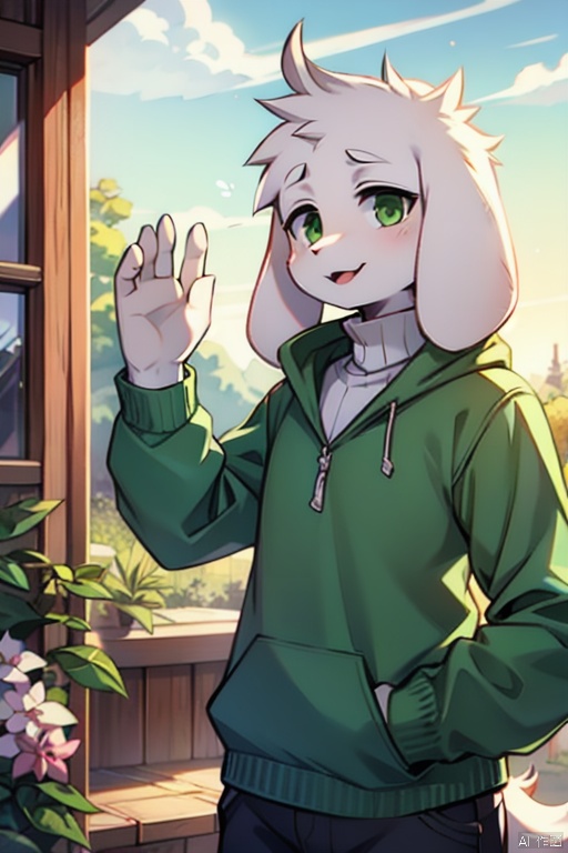 asriel,1boy,furry,green-eyes,green-clothes,greeting,look ahead,SFW