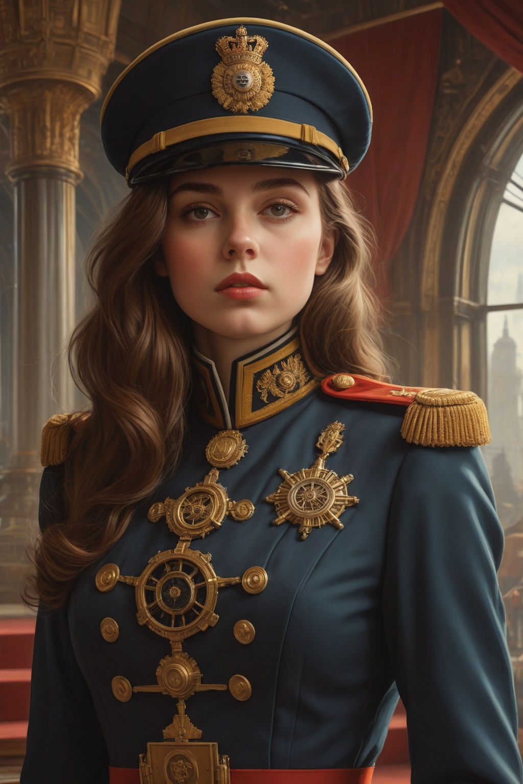 full body,  Portrait of a girl in officer's ceremonial tunic,  loose brown hair on Tensor.Art