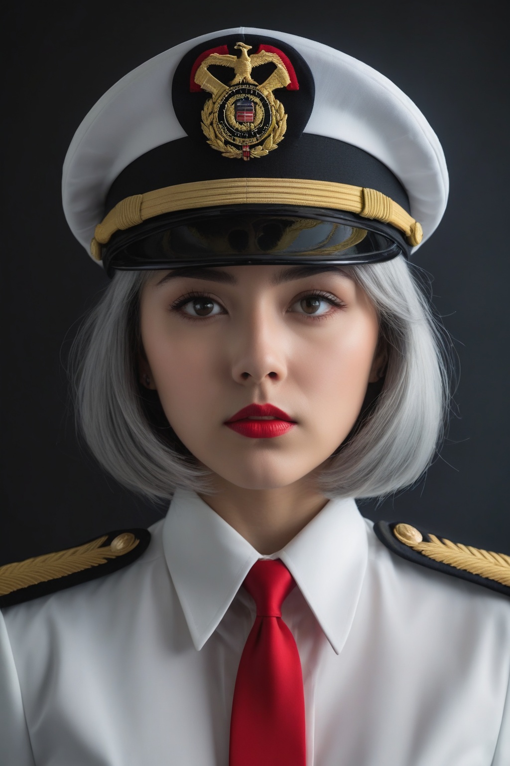 A young woman in a military uniform stands solo,  looking directly at the viewer with an intense gaze. Her bangs frame her...