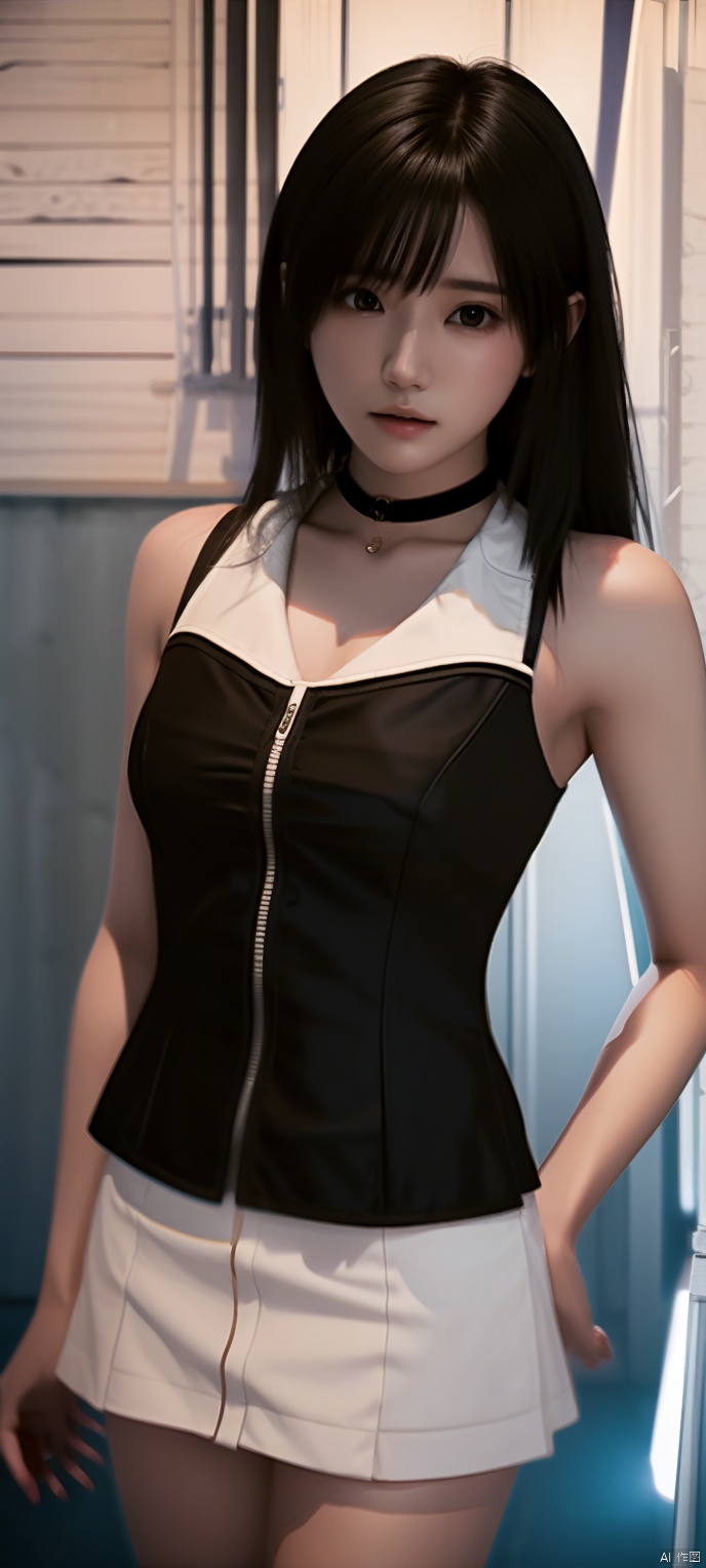 cxshenyu, 1girl, solo, sleeveless, choker, looking at viewer, shirt, sleeveless shirt, bare shoulders, white shirt, Black skirt, realistic, black choker, brown hair, closed mouth, realistic,masterpiece,best quality,(photorealistic:1.4),(ultra detailed:1.3)