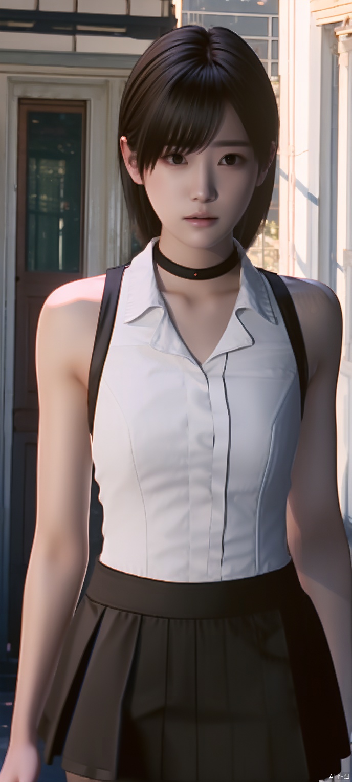 cxshenyu, 1girl, solo, sleeveless, choker, looking at viewer, shirt, sleeveless shirt, bare shoulders, white shirt, Black skirt, realistic, black choker, brown hair, closed mouth, realistic,masterpiece,best quality