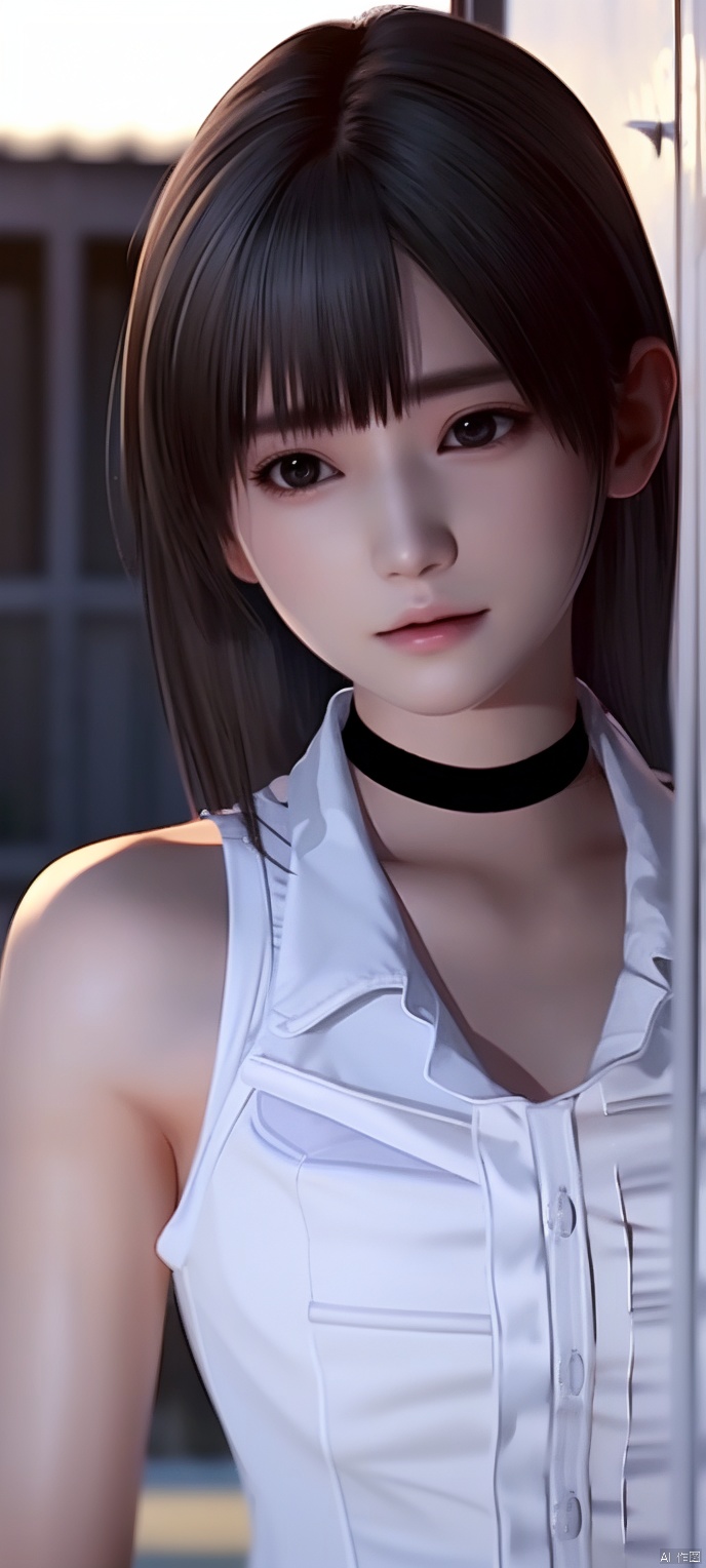 cxshenyu, 1girl, solo, sleeveless, choker, looking at viewer, shirt, sleeveless shirt, bare shoulders, white shirt, Black skirt, realistic, black choker, brown hair, closed mouth, realistic,masterpiece,best quality,(photorealistic:1.4),(ultra detailed:1.3), 1 girl