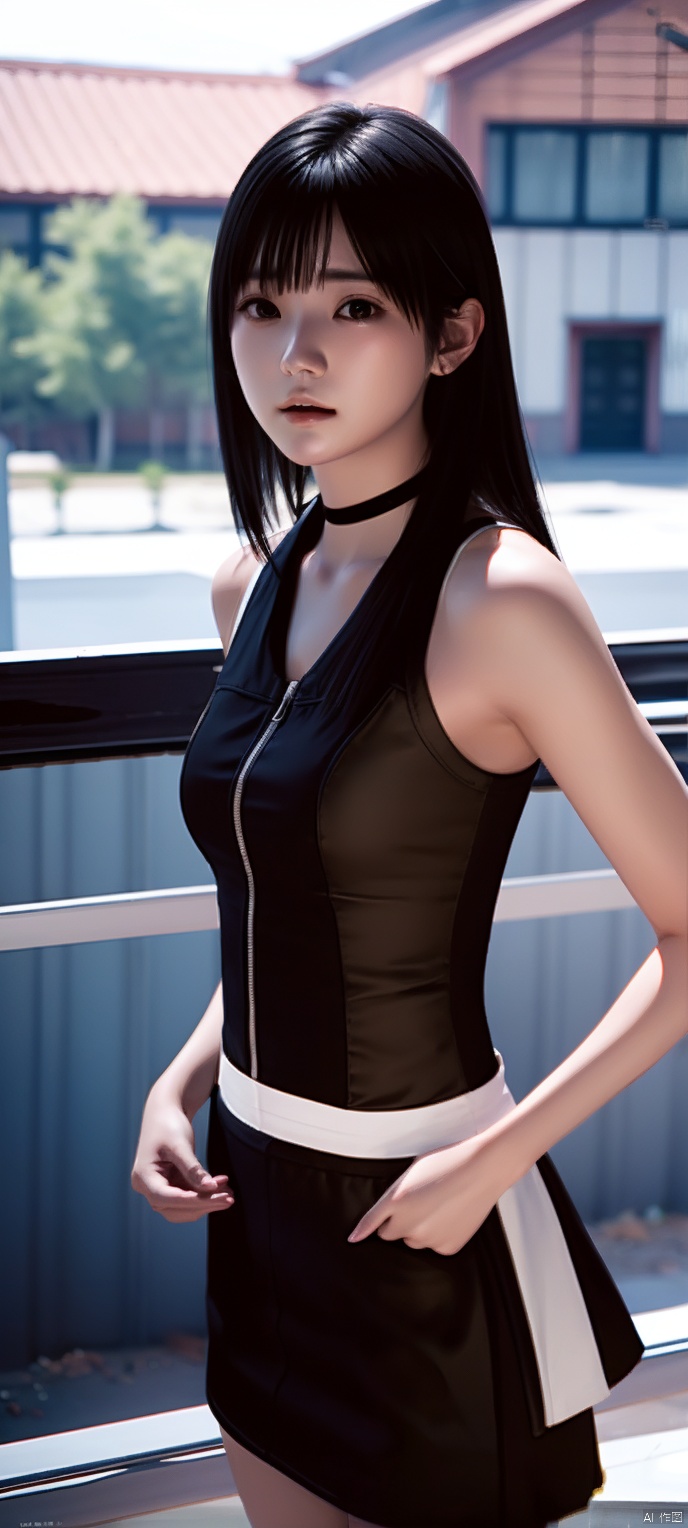 cxshenyu, 1girl, solo, sleeveless, choker, looking at viewer, shirt, sleeveless shirt, bare shoulders, white shirt, Black skirt, realistic, black choker, brown hair, closed mouth, realistic,masterpiece,best quality,(photorealistic:1.4),(ultra detailed:1.3)