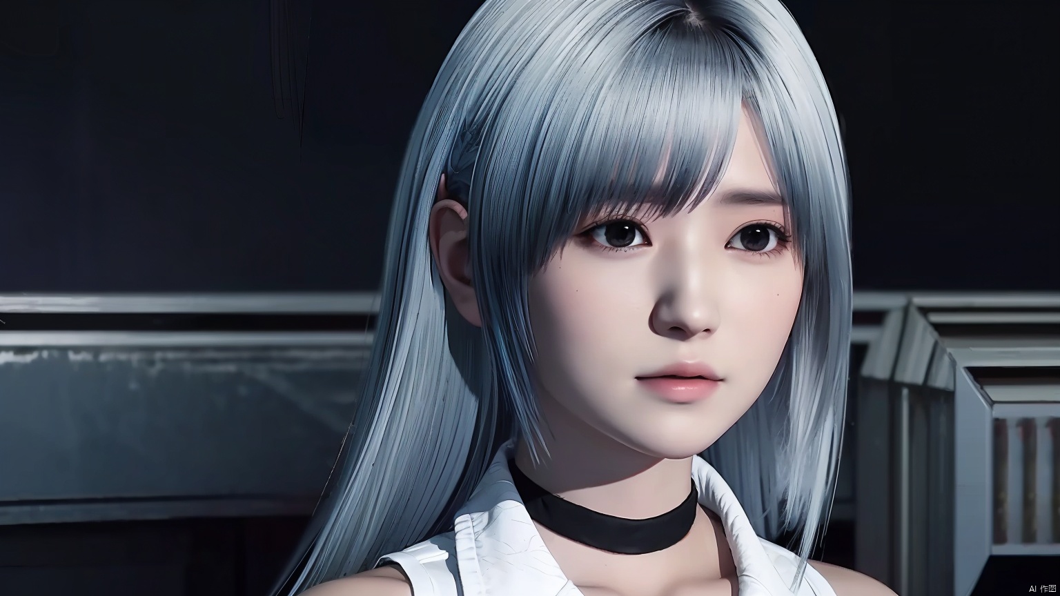 cxshenyu, 1girl, solo, choker, sleeveless, looking at viewer, black background, upper body, shirt, simple background, black choker, dark, realistic,masterpiece,best quality,(photorealistic:1.4),(ultra detailed:1.3)