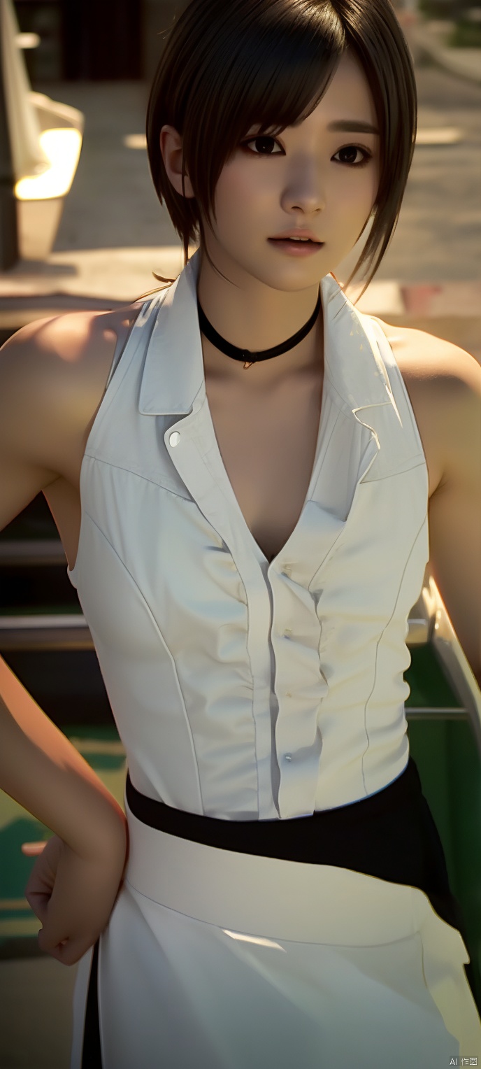 cxshenyu, 1girl, solo, sleeveless, choker, looking at viewer, shirt, sleeveless shirt, bare shoulders, white shirt, Black skirt, realistic, black choker, brown hair, closed mouth, realistic,masterpiece,best quality,(photorealistic:1.4),(ultra detailed:1.3)