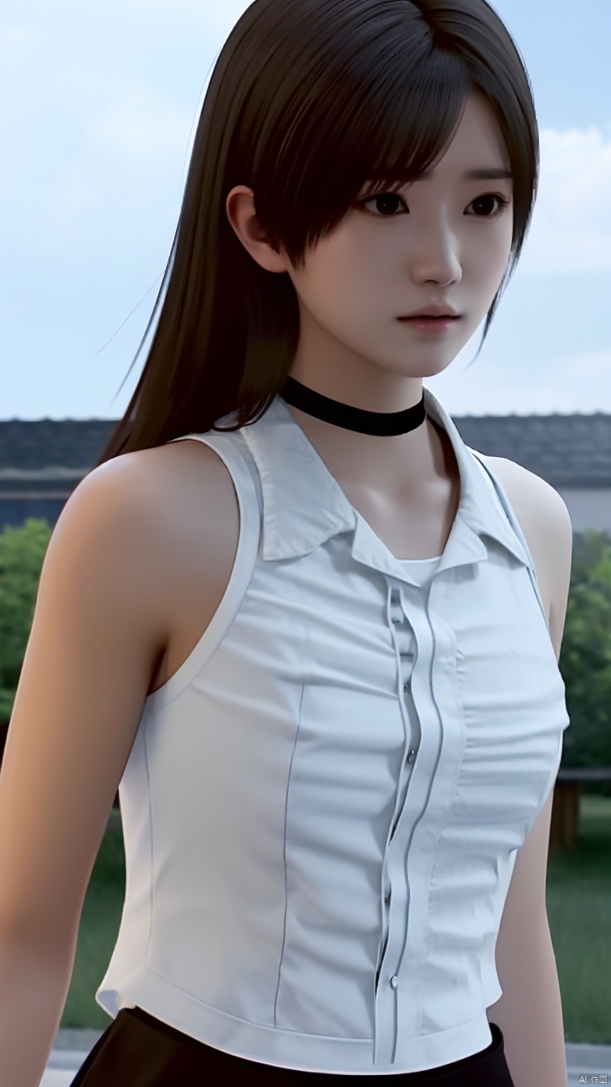 cxshenyu, 1girl, solo, sleeveless, choker, looking at viewer, shirt, sleeveless shirt, bare shoulders, white shirt, Black skirt, Large chest, realistic, black choker, brown hair, closed mouth, realistic,masterpiece,best quality
