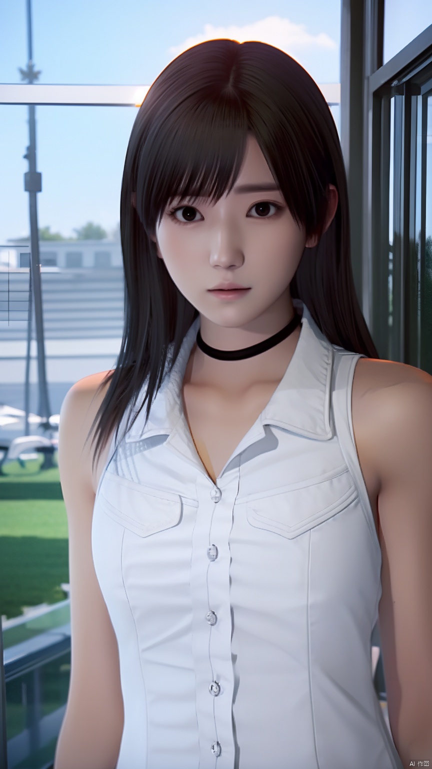 cxshenyu, 1girl, solo, sleeveless, choker, looking at viewer, shirt, sleeveless shirt, bare shoulders, white shirt, Black skirt, realistic, black choker, brown hair, closed mouth, realistic,masterpiece,best quality