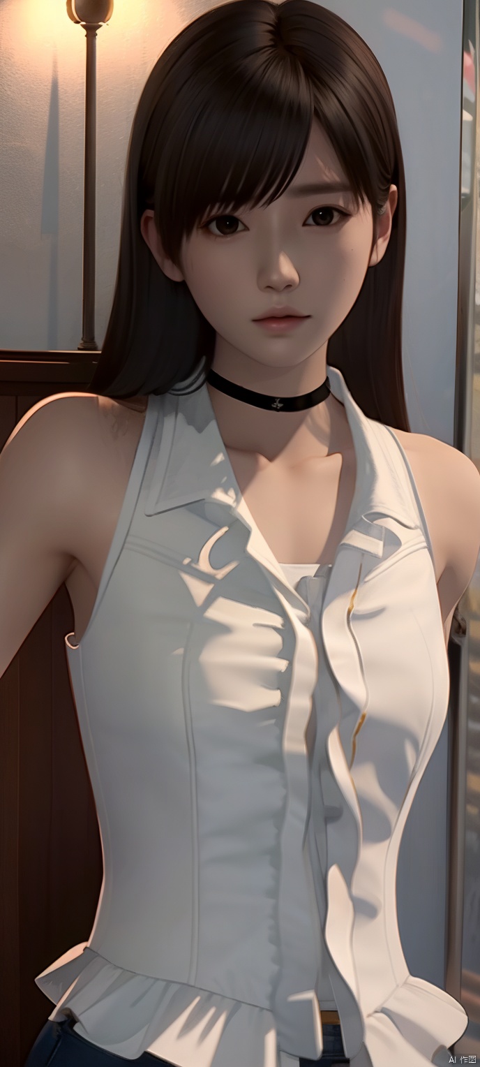 cxshenyu, 1girl, solo, sleeveless, choker, looking at viewer, shirt, sleeveless shirt, upper body, bare shoulders, white shirt, realistic, black choker, brown hair, closed mouth, realistic,masterpiece,best quality,(photorealistic:1.4),(ultra detailed:1.3)