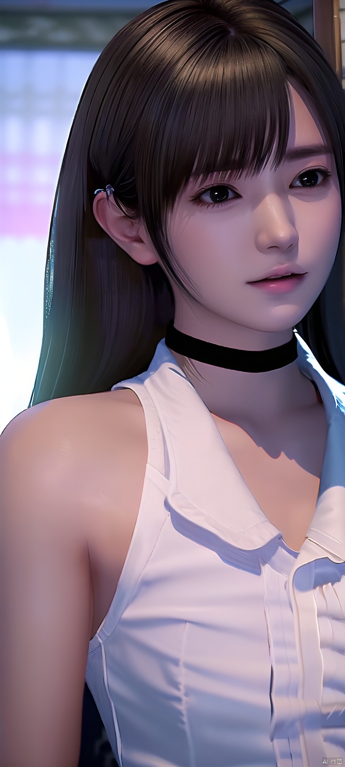 cxshenyu, 1girl, solo, sleeveless, choker, looking at viewer, shirt, sleeveless shirt, bare shoulders, white shirt, realistic, black choker, brown hair, closed mouth, realistic,masterpiece,best quality,(photorealistic:1.4),(ultra detailed:1.3)