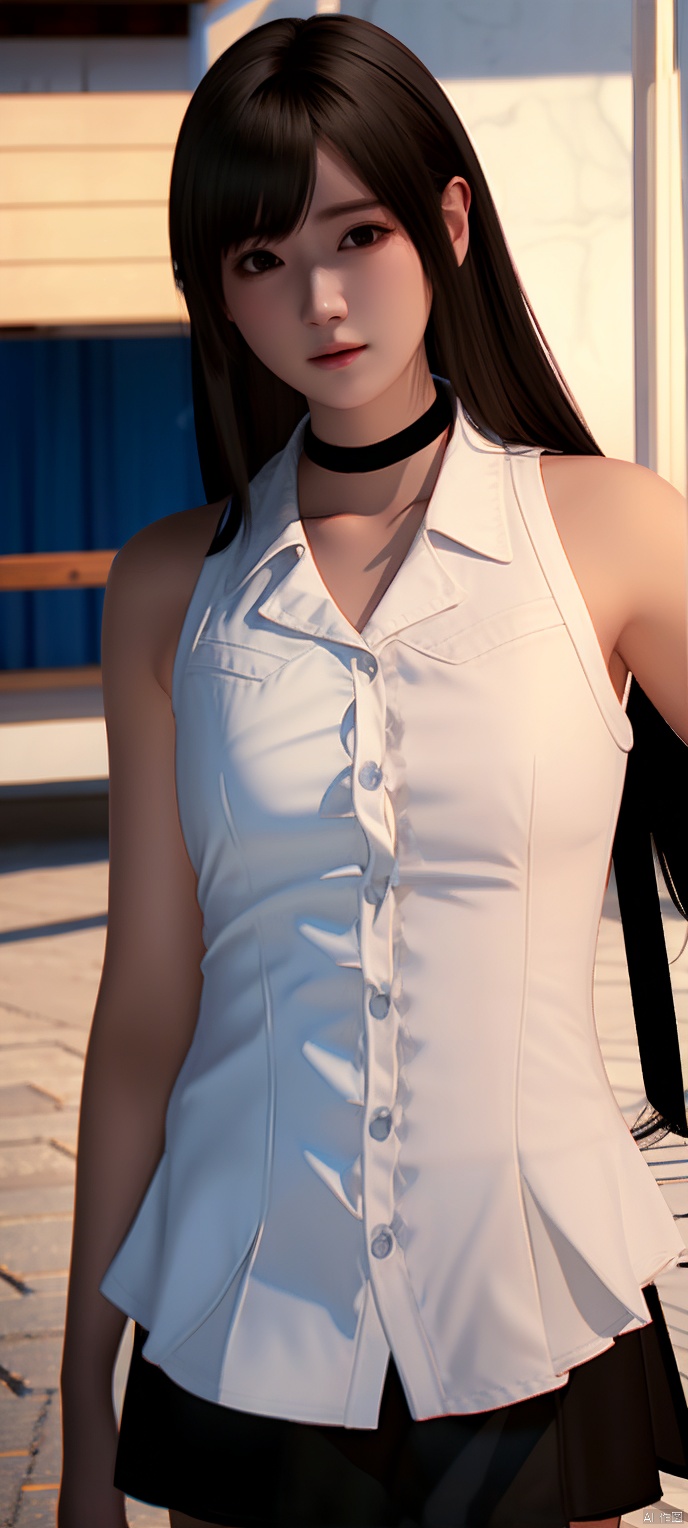 cxshenyu, 1girl, solo, sleeveless, choker, looking at viewer, shirt, sleeveless shirt, bare shoulders, white shirt, Black skirt, realistic, black choker, brown hair, closed mouth, realistic,masterpiece,best quality,(photorealistic:1.4),(ultra detailed:1.3)