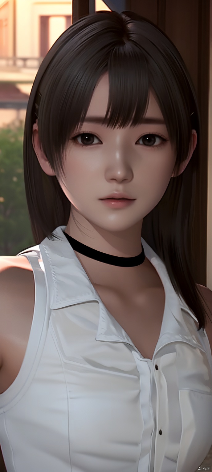 cxshenyu, 1girl, solo, sleeveless, choker, looking at viewer, shirt, sleeveless shirt, cowboy shot, bare shoulders, white shirt, realistic, black choker, brown hair, closed mouth, realistic,masterpiece,best quality,(photorealistic:1.4),(ultra detailed:1.3)