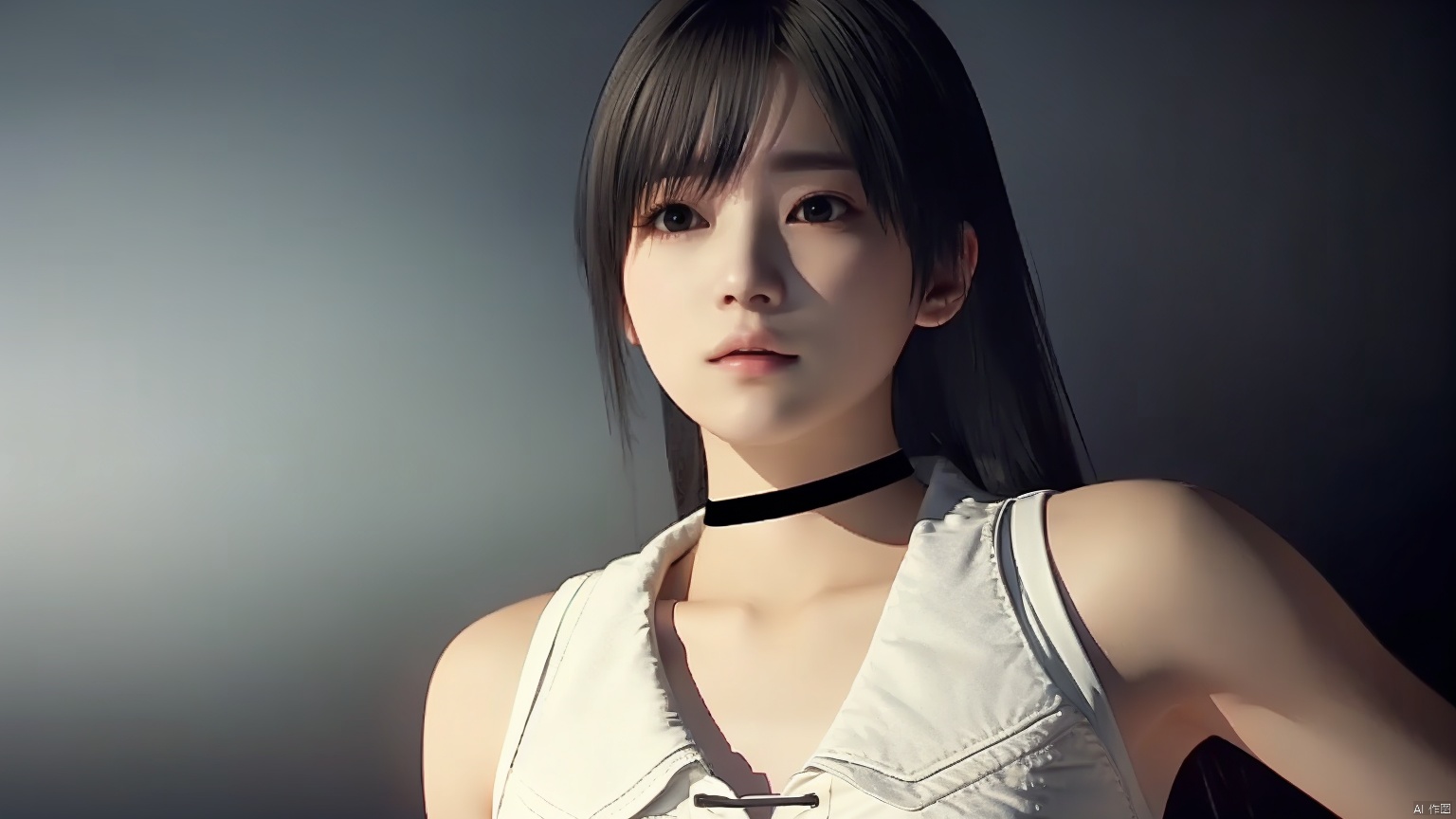 cxshenyu, 1girl, solo, choker, sleeveless, looking at viewer, black background, upper body, shirt, simple background, black choker, dark, realistic,masterpiece,best quality,(photorealistic:1.4),(ultra detailed:1.3)