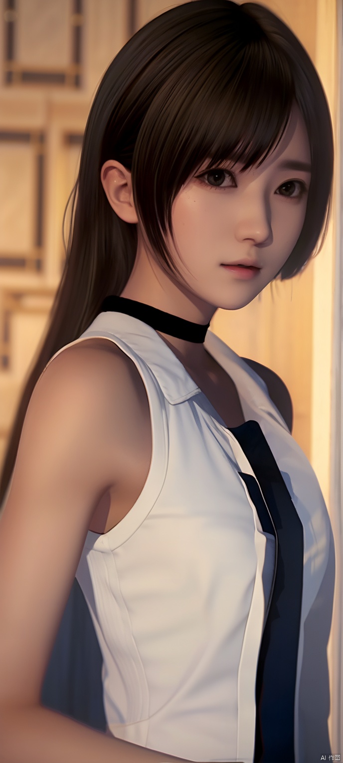cxshenyu, 1girl, solo, sleeveless, choker, looking at viewer, shirt, sleeveless shirt, upper body, bare shoulders, white shirt, realistic, black choker, brown hair, closed mouth, realistic,masterpiece,best quality,(photorealistic:1.4),(ultra detailed:1.3)