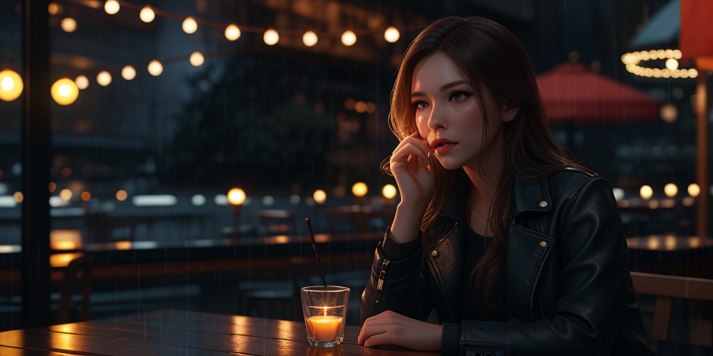 Wide-angle view of a pretty fashion model looking at the camera,  expressing a complaint as if it's our fault,  sad and th...