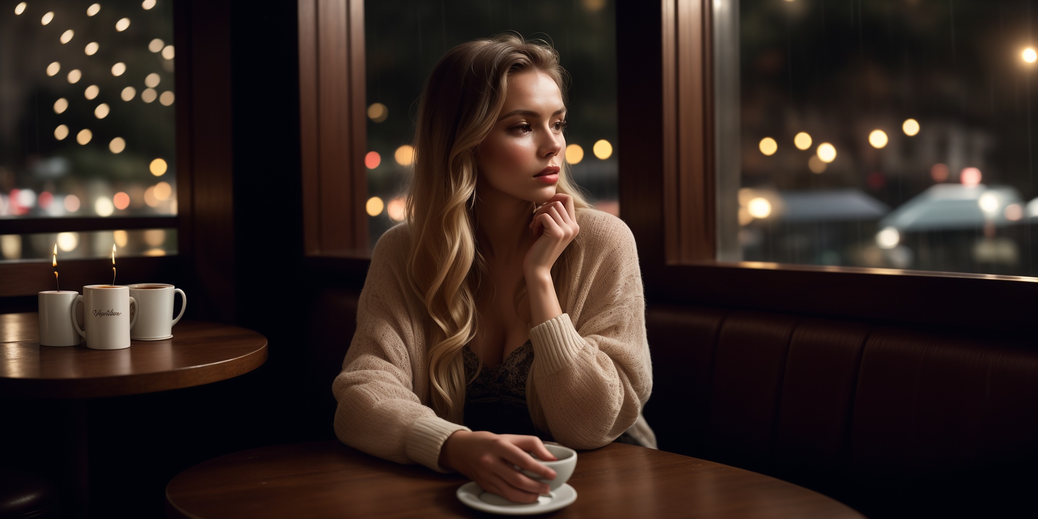 Wide-angle view of a pretty fashion model looking at the camera,  expressing a complaint as if it's our fault,  sad and th...