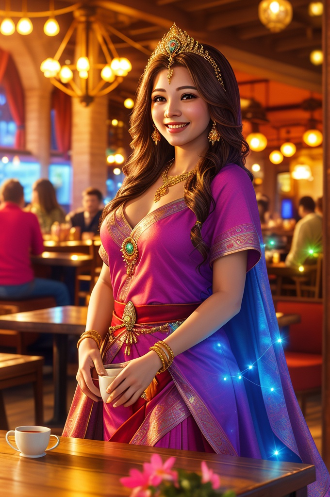 A beautiful goddess smiling,  sipping coffee in a cozy coffee shop,  vibrant ambience on Tensor.Art