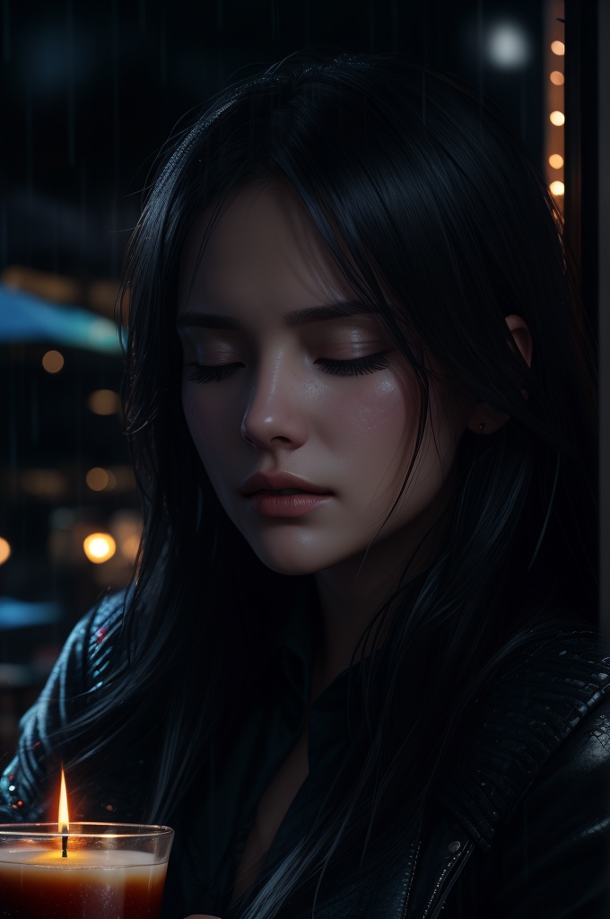 Extreme close-up of a pretty fashion model's face,  sad and thoughtful,  deep in thought while sipping coffee in a dark on...