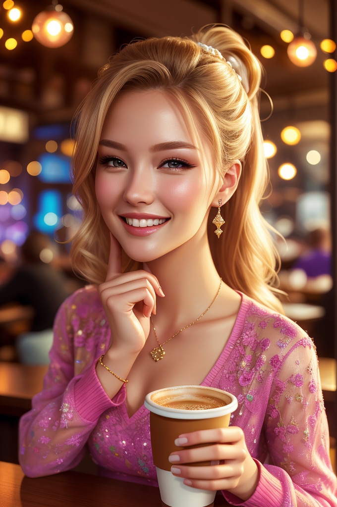 Extreme close-up of a pretty fashion model's face,  smiling while sipping coffee in a cozy coffee shop,  vibrant ambience...