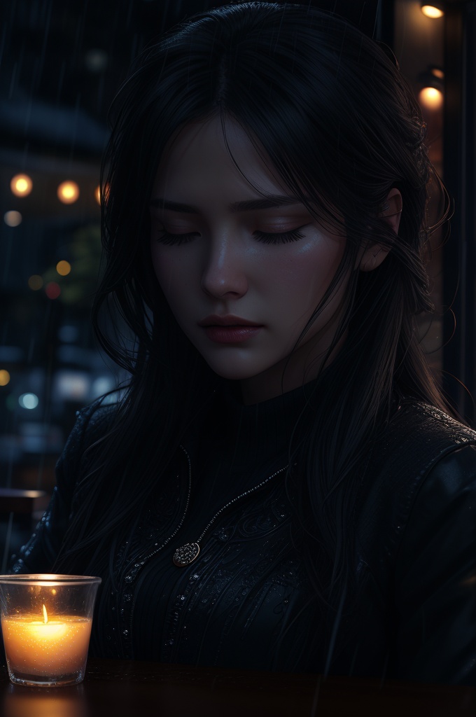 Extreme close-up of a pretty fashion model's face,  sad and thoughtful,  deep in thought while sipping coffee in a dark on...