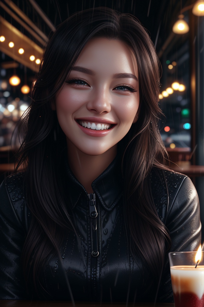 Extreme close-up of a pretty fashion model's face,  smiling while sipping coffee in a dark,  cozy coffee shop with rain ou...