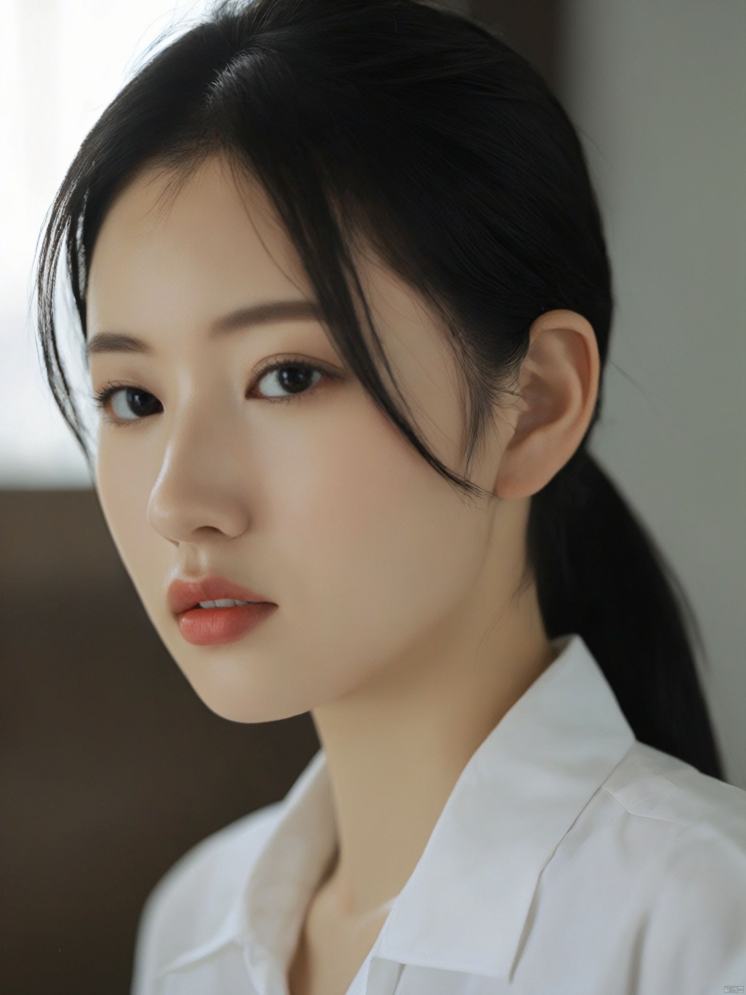 1girl, solo, shirt, black hair, white shirt, upper body, ponytail, short sleeves, parted lips, collared shirt, indoors, black eyes, lips, looking away, realistic