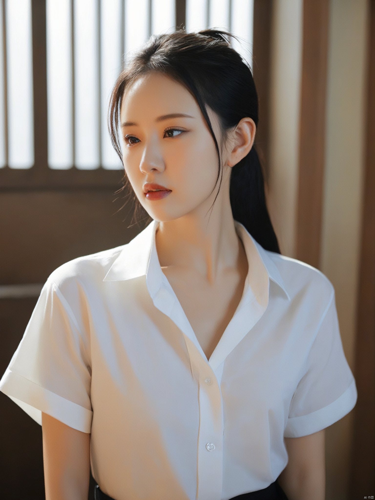 1girl, solo, shirt, black hair, white shirt, upper body, ponytail, short sleeves, parted lips, collared shirt, indoors, black eyes, lips, looking away, realistic