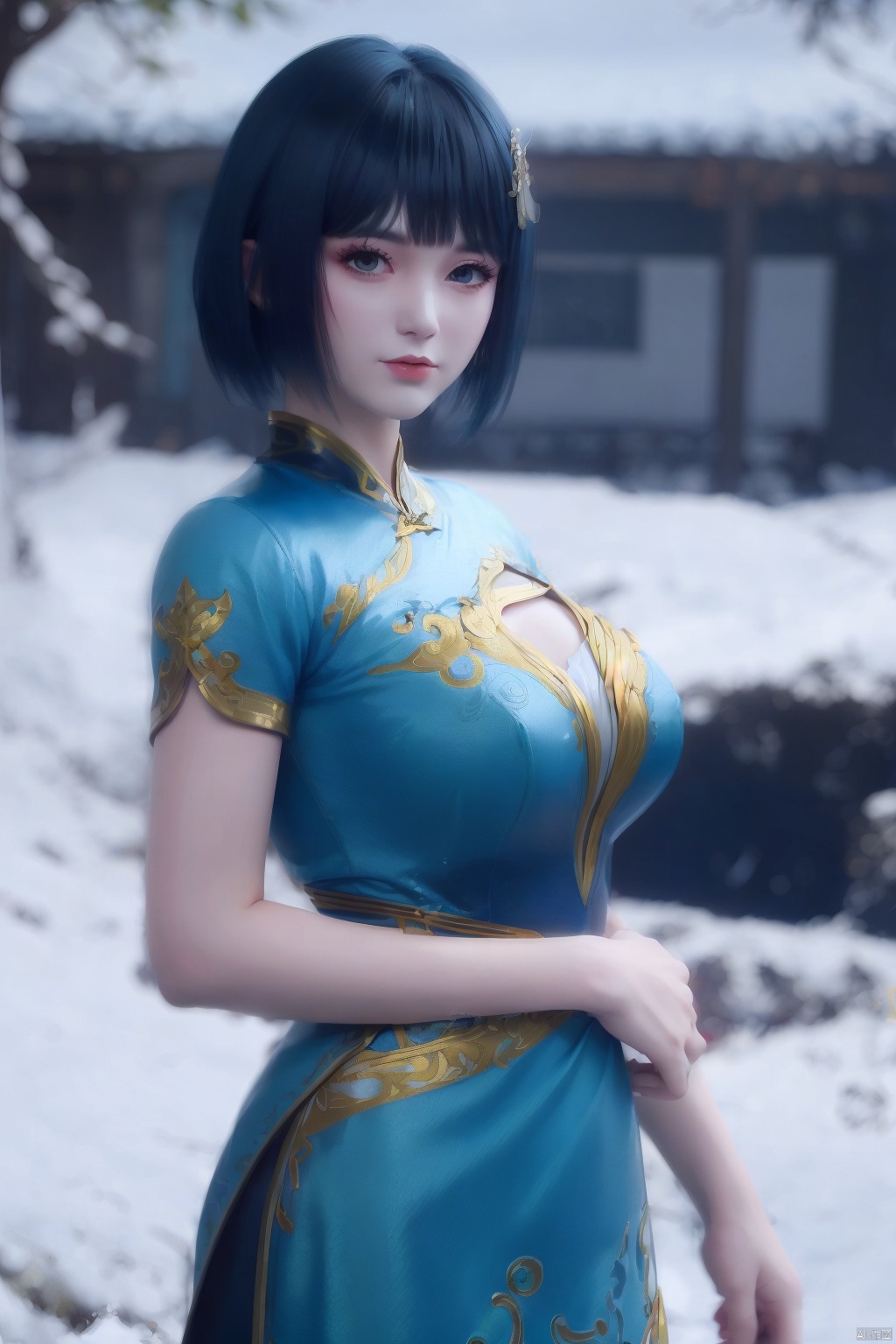 (masterpiece:1.3),(best quality:1.3),highres,1girl,mature female, milf,large breasts,short hair,bangs,blue hair,dress,blue dress,chinese clothing,muqingluan
