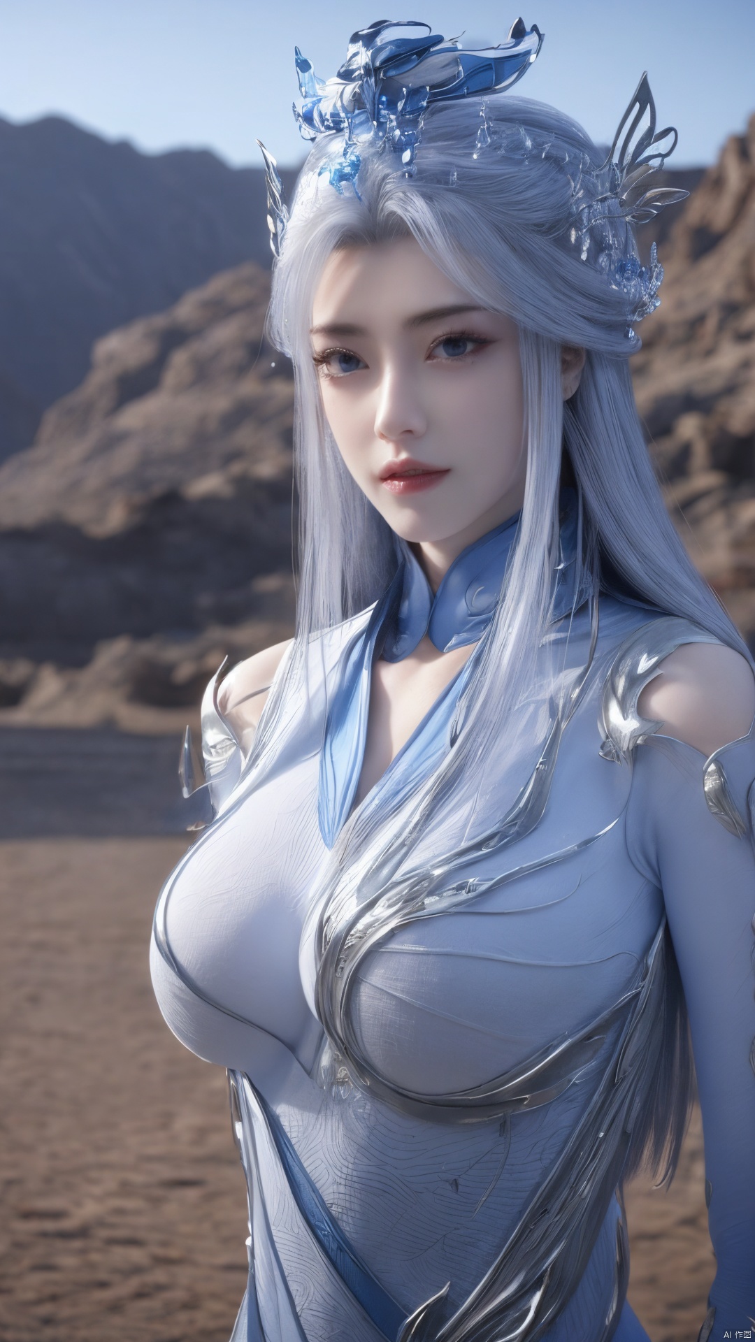 1girl,blue eyes,long white hair,silver crown,armor,headwear,gufeng,half body photo,petal,real,photo realistic,highly detailed,(masterpiece),(high quality),best quality,super detailed,full detail,4k,8k,Xningyudie, Water_butterfly, desert_sky, hanfu, Yunxiao_Fairy,(big_breasts:1.29)