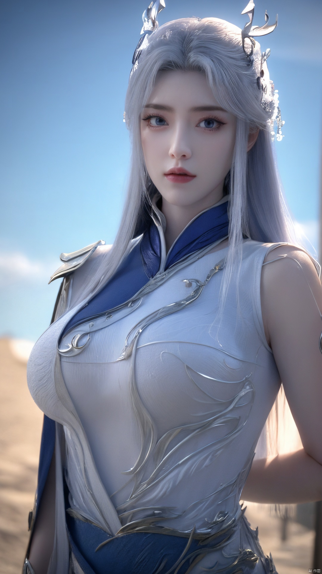 1girl,blue eyes,long white hair,silver crown,armor,headwear,gufeng,half body photo,petal,real,photo realistic,highly detailed,(masterpiece),(high quality),best quality,super detailed,full detail,4k,8k,Xningyudie, Water_butterfly, desert_sky, hanfu, Yunxiao_Fairy,(big_breasts:1.29)