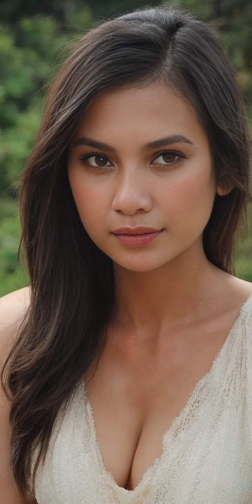 Generate hyper realistic image of a Indonesian woman with long hair,  gazing directly at the viewer with brown eyes. Her p...