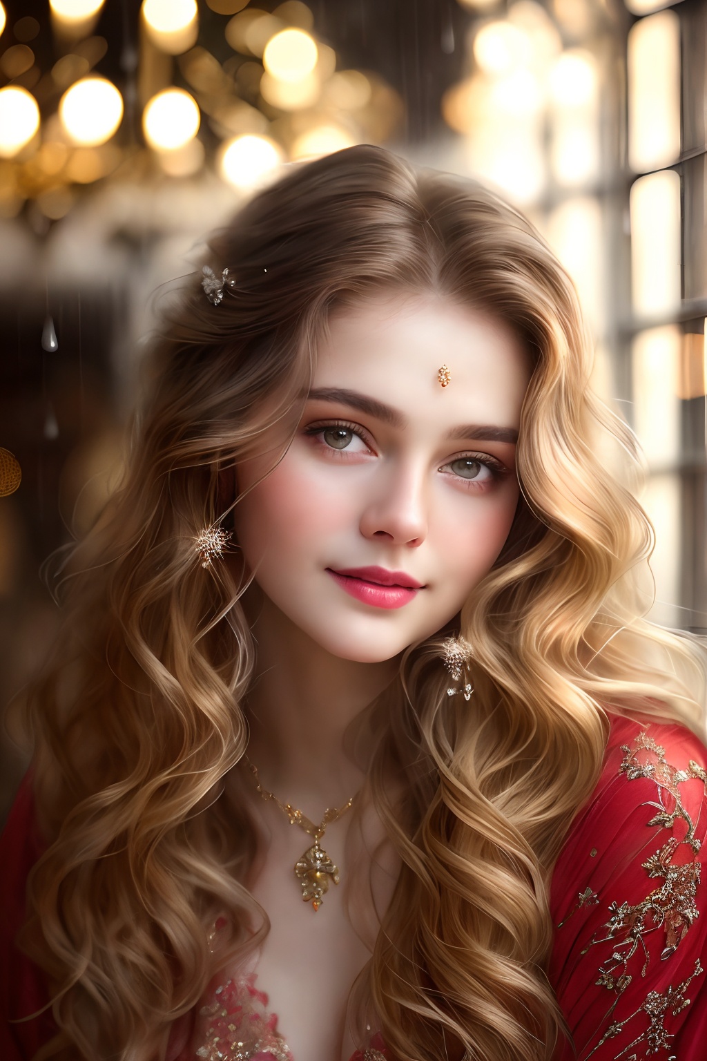 Wide-angle view of a pretty fashion model looking at the camera,  expressing a complaint as if it's our fault,  sad and th...