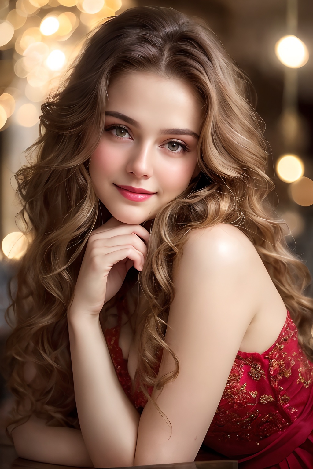 Wide-angle view of a pretty fashion model looking at the camera,  expressing a complaint as if it's our fault,  sad and th...