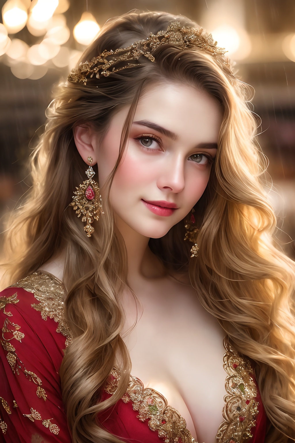 Wide-angle view of a pretty fashion model looking at the camera,  expressing a complaint as if it's our fault,  sad and th...