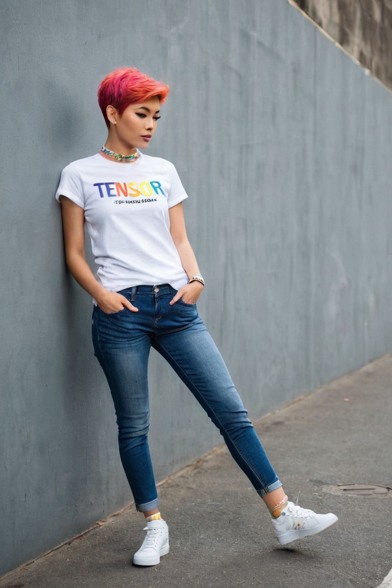 THEME :"[A photograph of Supermodel Wears T-Shirt written-word-"TENSOR ART"-Logo,  Her outfit includes a TENSOR ART logo T...