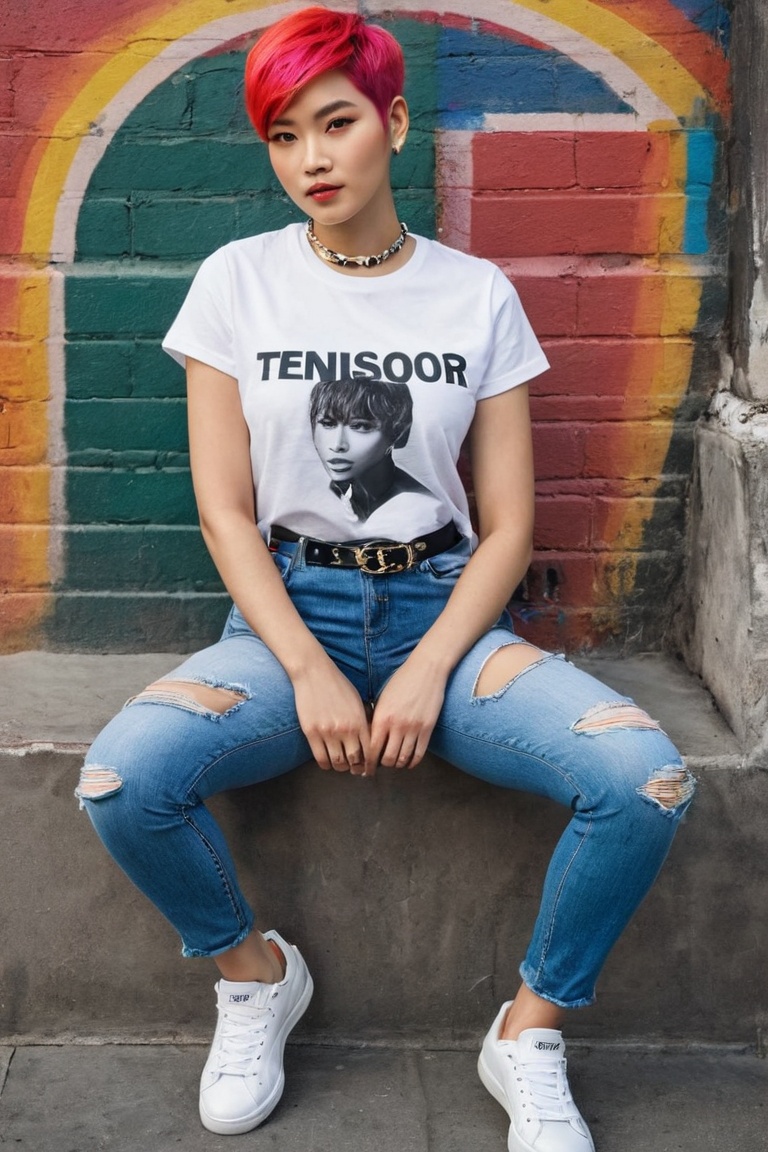 THEME :"[A photograph of Supermodel Wears T-Shirt written-word-"TENSOR ART"-Logo,  Her outfit includes a TENSOR ART logo T...