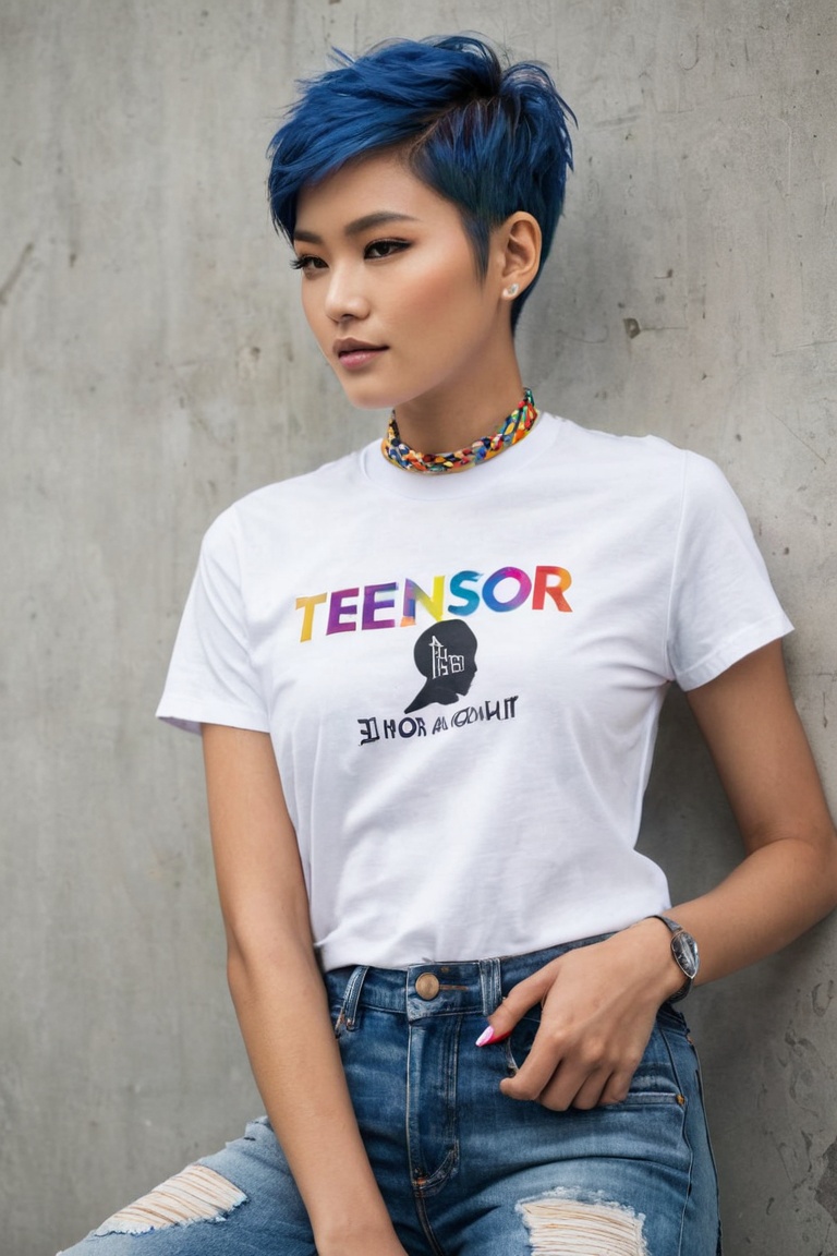 THEME :"[A photograph of Supermodel Wears T-Shirt written-word-"TENSOR ART"-Logo,  Her outfit includes a TENSOR ART logo T...