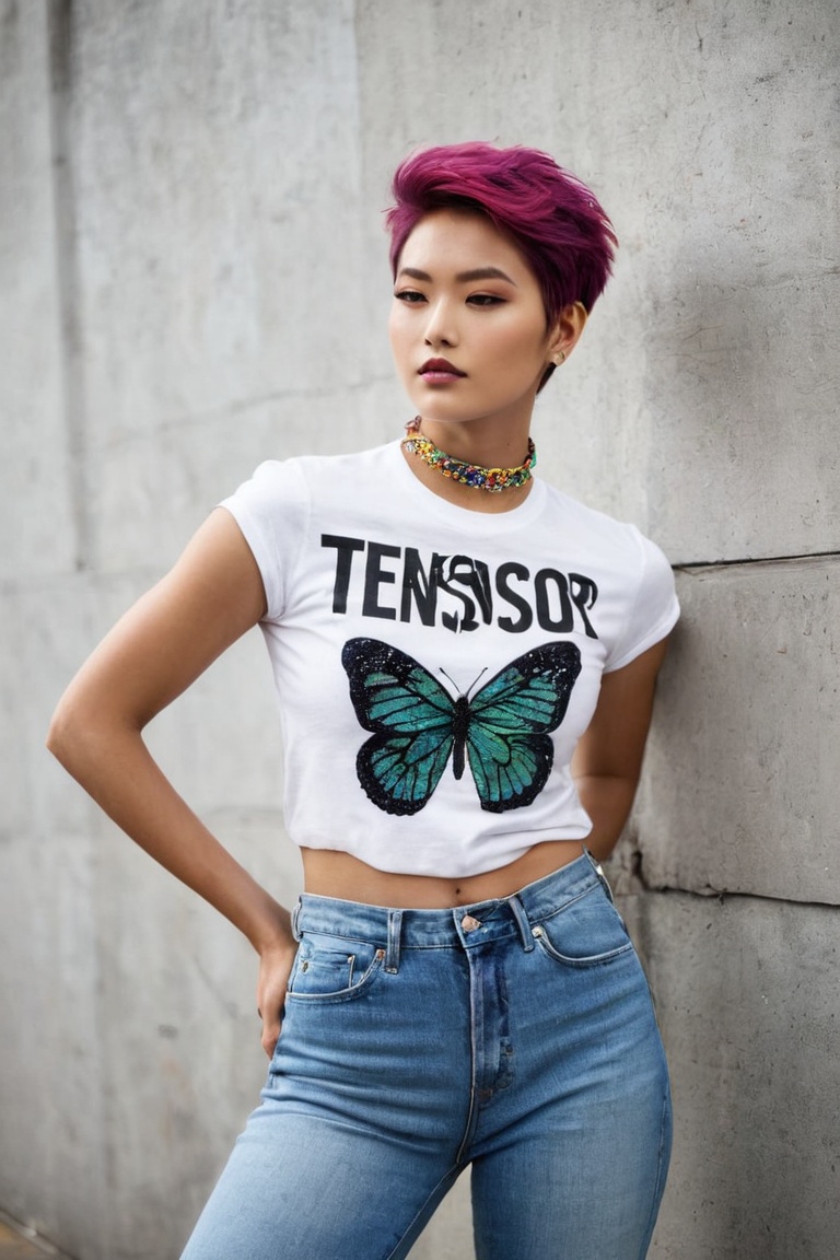 THEME :"[A photograph of Supermodel Wears T-Shirt written-word-"TENSOR ART"-Logo,  Her outfit includes a TENSOR ART logo T...