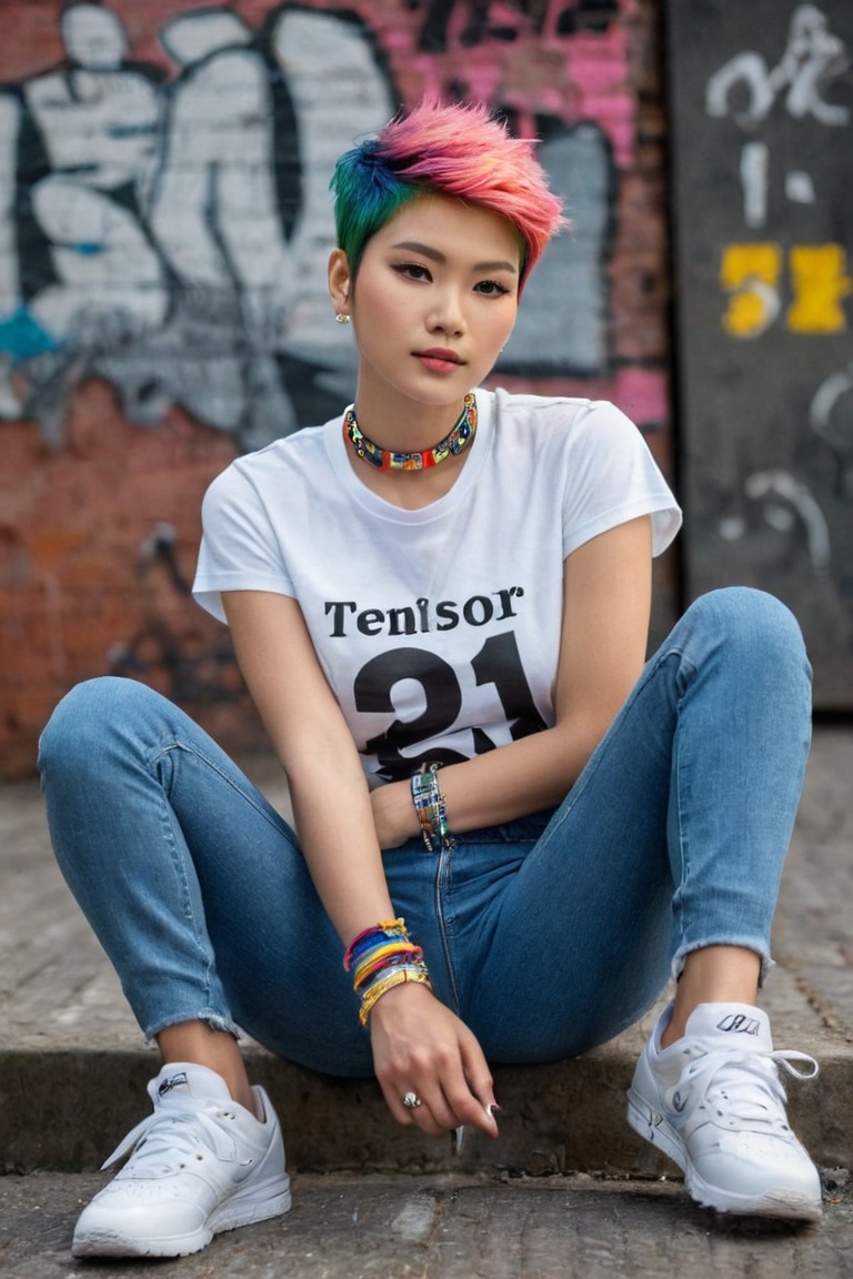 THEME :"[A photograph of Supermodel Wears T-Shirt written-word-"TENSOR ART"-Logo,  Her outfit includes a TENSOR ART logo T...