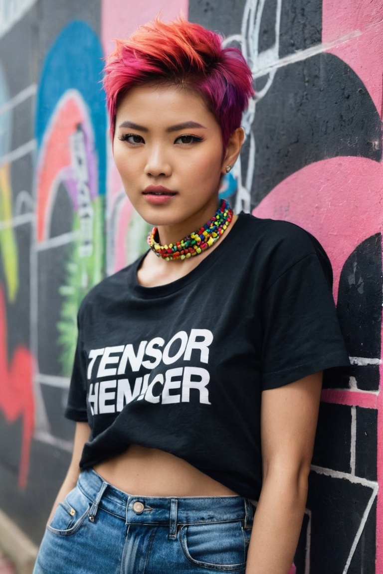 THEME :"[A photograph of Supermodel Wears T-Shirt written-word-"TENSOR ART"-Logo,  Her outfit includes a TENSOR ART logo T...