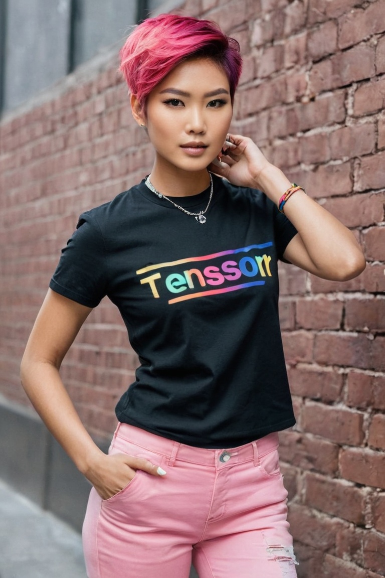 THEME :T-Shirt written-word-"TENSOR ART" "[A photograph of Supermodel Wears T-Shirt written-word-"TENSOR ART"-Logo,  Her o...