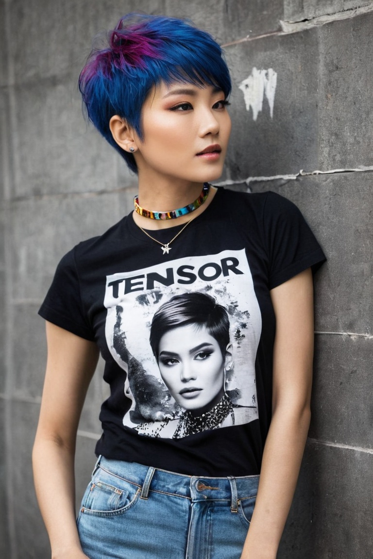 THEME :"[A photograph of Supermodel Wears T-Shirt written-word-"TENSOR ART"-Logo,  Her outfit includes a TENSOR ART logo T...