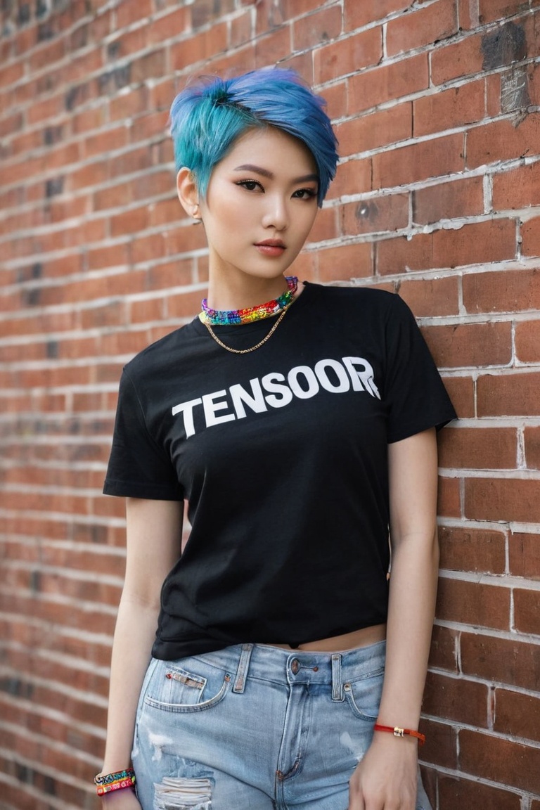 THEME :"[A photograph of Supermodel Wears T-Shirt written-word-"TENSOR ART"-Logo,  Her outfit includes a TENSOR ART logo T...