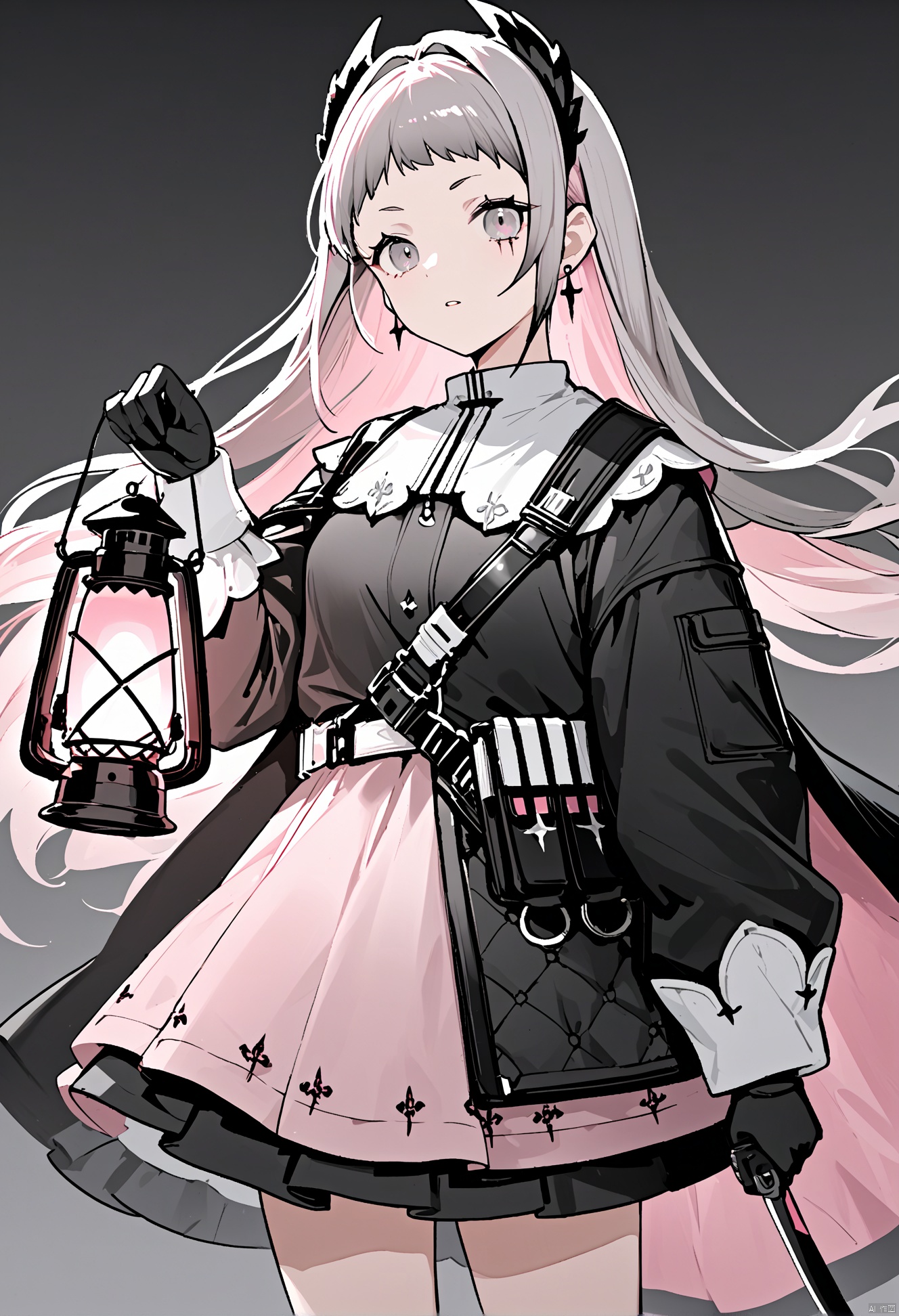  best quality, masterpiece, 1girl, solo, irene \(arknights\), gloves, scar across eye, black gloves, long hair, lantern, holding, scar, weapon, grey hair, sword, scar on face, grey eyes, parted lips, looking at viewer, holding lantern, head wings, long sleeves, jacket, black jacket, earrings, pink hair, jewelry, skirt