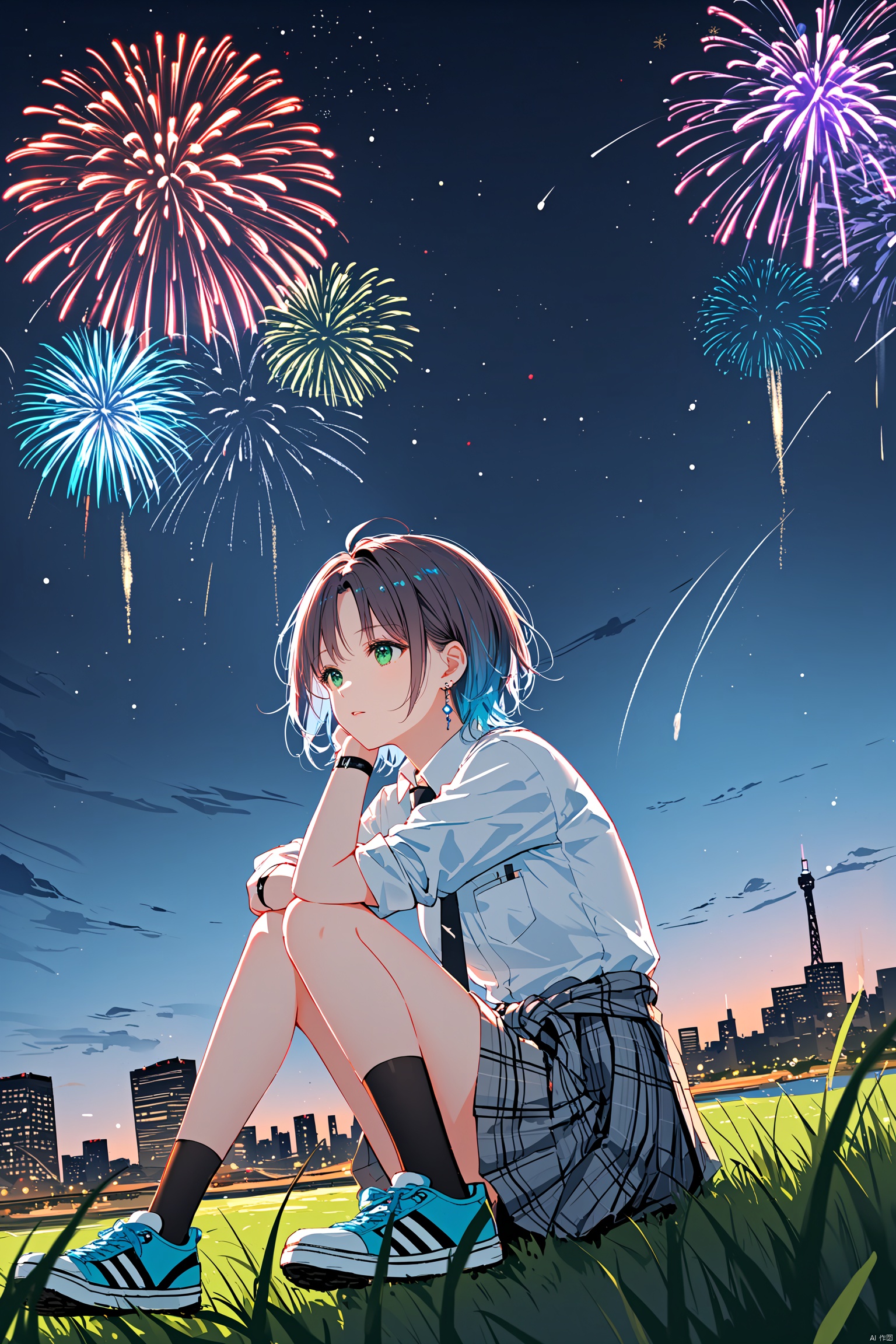 (masterpiece), (best quality), illustration, ultra detailed, hdr, Depth of field, (colorful),[wlop],[[sheya]],hiten_(hitenkei), 1girl, solo, asakura toru, looking up, short hair, blue hair, brown hair, ahoge, multicolored hair, gradient hair, green eyes, breasts(C cup), light smlie, school uniform, white shirt, gray skirt, pleated skirt, plaid skirt, wristband, earrings, black necktie, pocket, breast pocket, clothes around waist, sleeves rolled up, light blue jacket around waist, hamidashi, black socks, sneaker, floating hair, sitting on grass, knees up, arms support, outdoors, night, river, cityscape, fireworks, wind, cowboy shot, fromside, from below, masterpiece, bestquality, ultra detailed