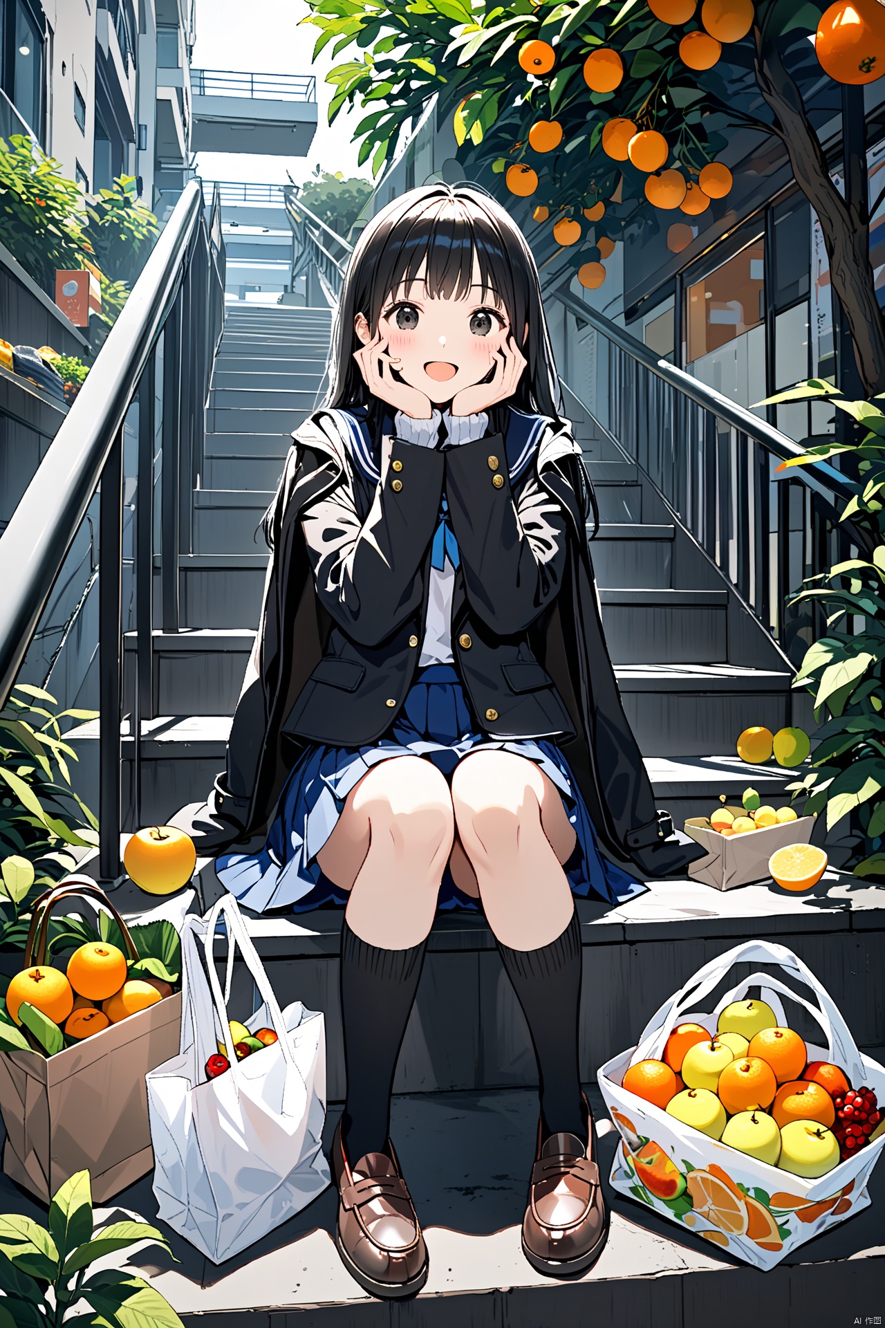 (masterpiece),(best quality),illustration,ultra detailed,hdr,Depth of field,(colorful),1girl,black hair,sitting,stairs,long hair,bag,solo,socks,skirt,shoes,food,smile,jacket,fruit,open mouth,looking at viewer,bottle,head rest,school uniform,brown footwear,outdoors,black eyes,bangs,black socks,loafers,railing,long sleeves,hands on own face,plant,blue skirt,hands on own cheeks,jacket on shoulders,shirt,blush,:d,plastic bag,shopping bag,
