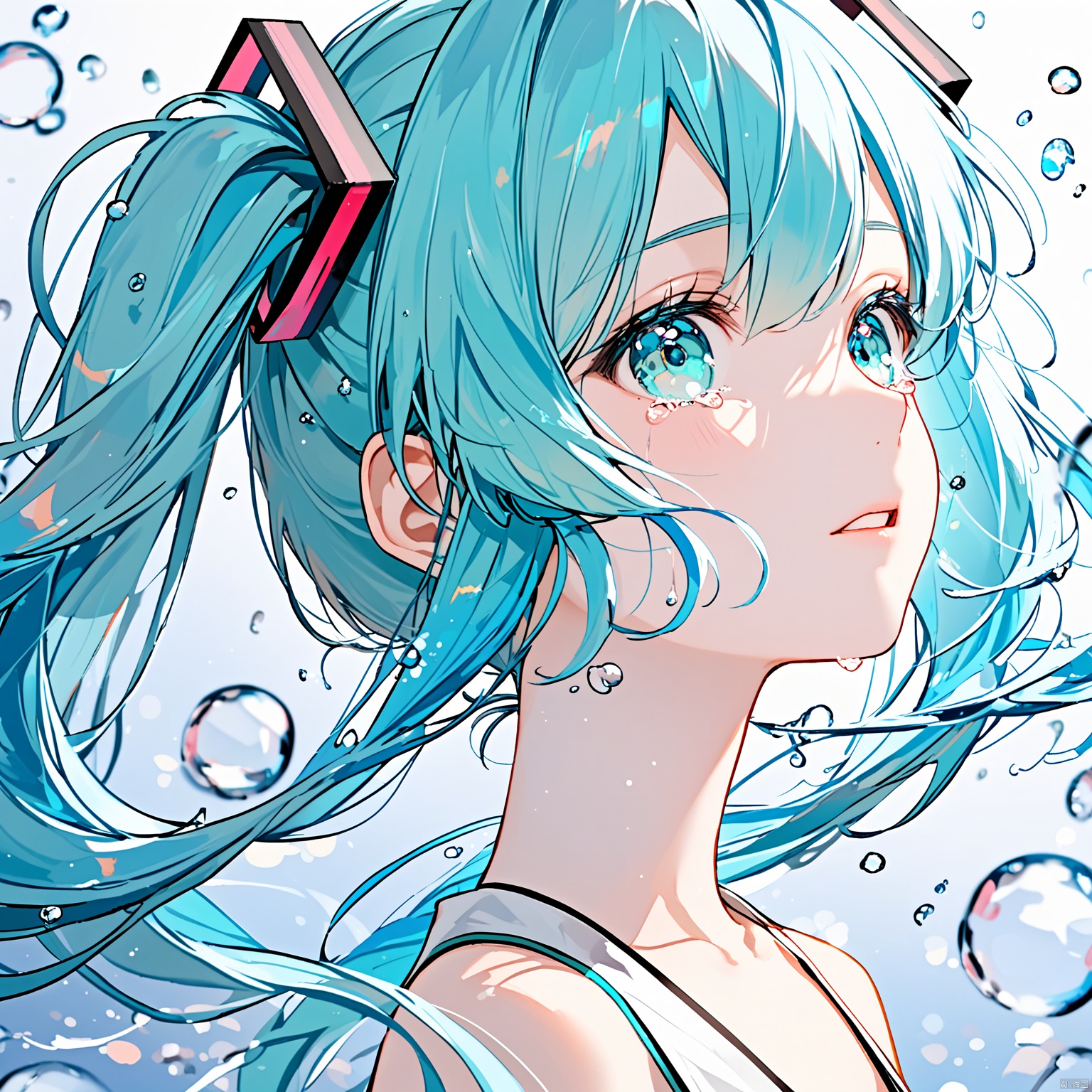 (masterpiece),(best quality),illustration,ultra detailed,hdr,Depth of field,(colorful),1girl, solo, hatsune miku, long hair, twintails, profile, blue hair, crying, tears, bubble, from side, eyelashes, blue eyes, crying with eyes open, blurry, upper body, parted lips, bangs, bokeh, portrait, close-up, water drop, aqua eyes, hair ornament, depth of field, bare shoulders, aqua hair, , , , , 