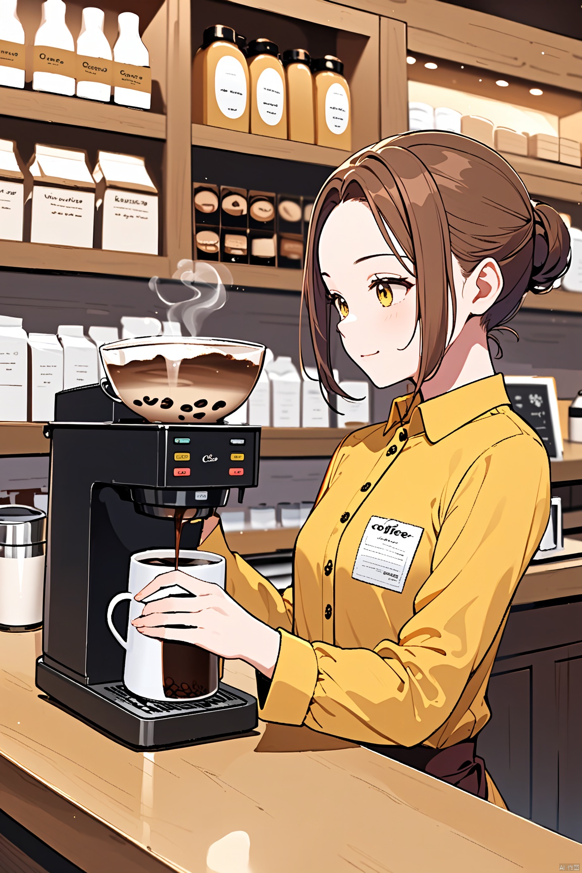  A clerk with yellow shirt in a coffee shop is making coffee