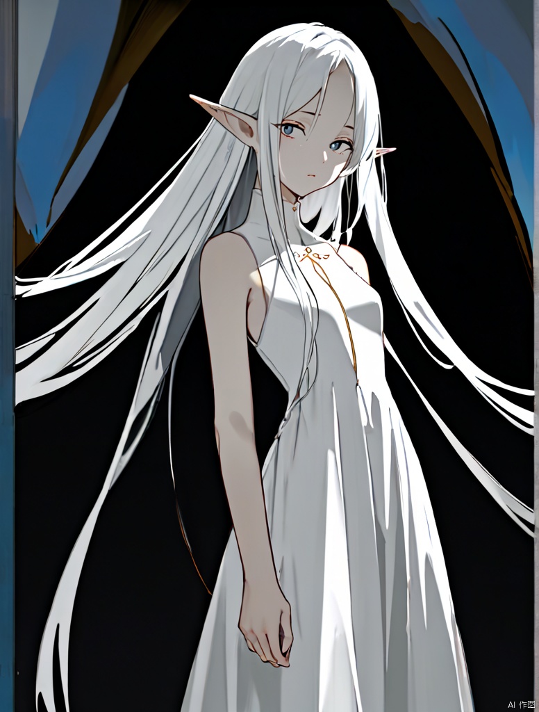 solo, (cowboy shot), standing, grey background, simple background, 
masterpiece, novel illustration, highres, A girl with white hair and long hair, wearing a white dress, standing in front of a dark background, pointed ears, long hair, dress, white dress, sleeveless, grey eyes, closed mouth, elf, 