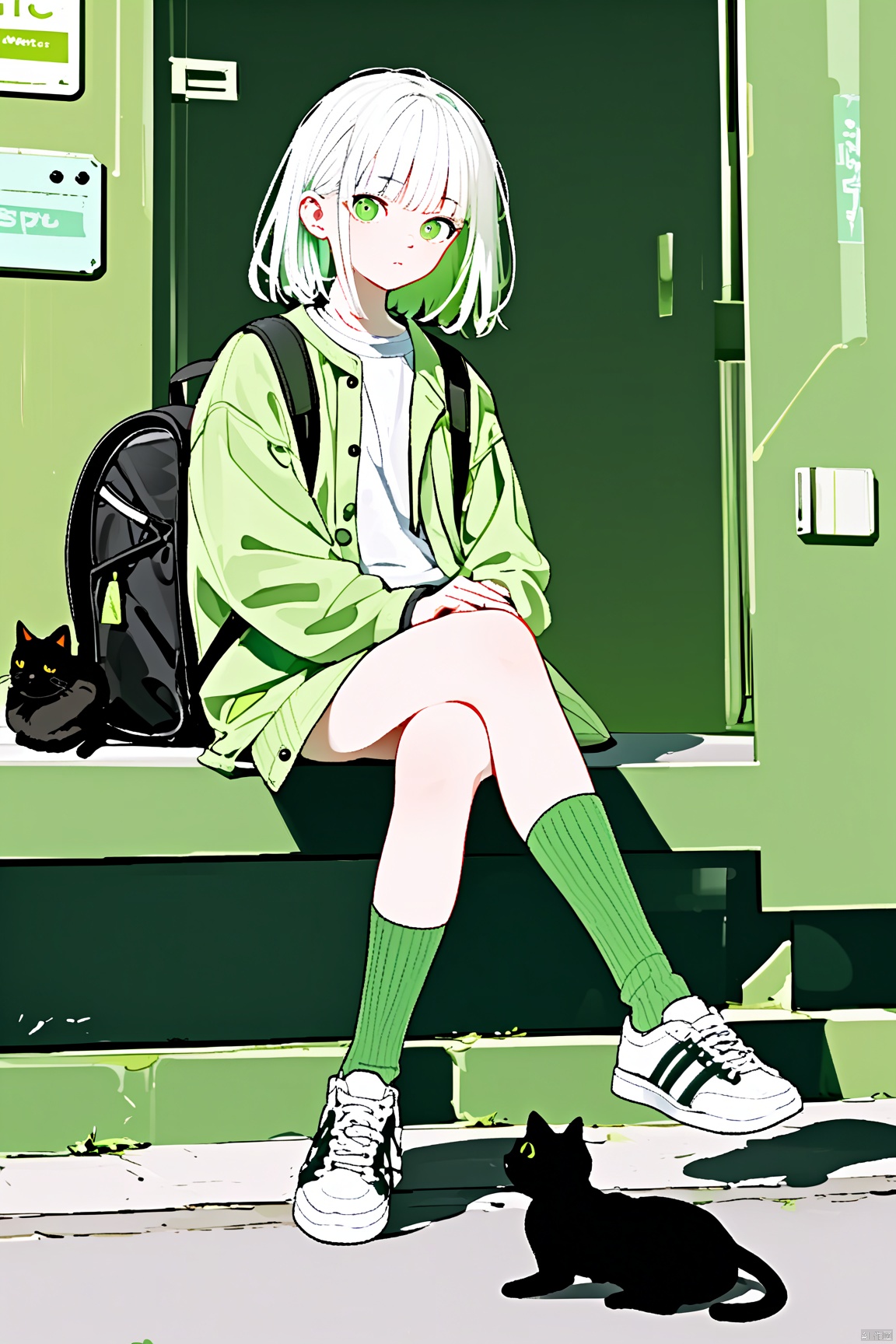  1girl, cat, green eyes, black cat, shoes, white hair, backpack, socks, looking at viewer, jacket, solo, sitting, sneakers, bag, bangs, green jacket, medium hair, animal, green theme, crossed legs, green socks, shirt