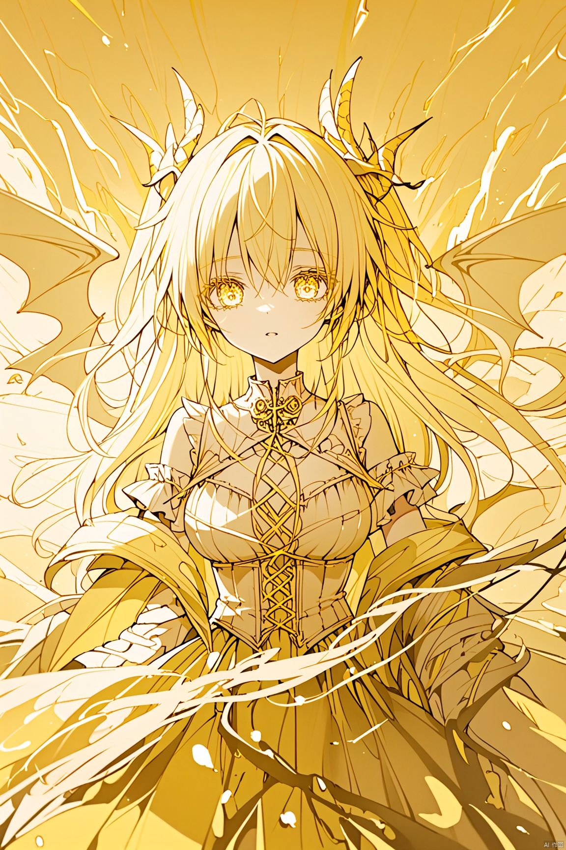  (anime art: 1.21), (dragon: 1.1), (dragon in background: 1.21), 1girl with wings on back, looking at viwer, snake eyes, (yellow theme: 1.5), (monochrome: 1.1), (ethereal beauty: 1.4), (captivating lighting: 1.2), (ethereal aura: 1.3), (mysterious ambiance: 1.2), (thunder in the distance: 1.2), (fantasy art: 1.3), (ethereal scene: 1.3), , masterpiece,best quality,8k,insane details,intricate details,high detail,((masterpiece)), ((best quality))